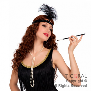 SET CHARLESTON VINCHA LENTEJUELA CON PLUMA BOQUILLA Y COLLAR x 1